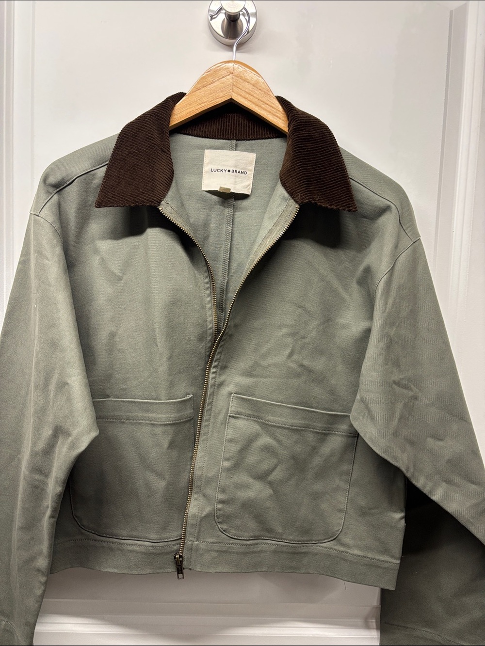 Lucky Brand Women’s Olive Green Work Jacket with Brown Corduroy Collar